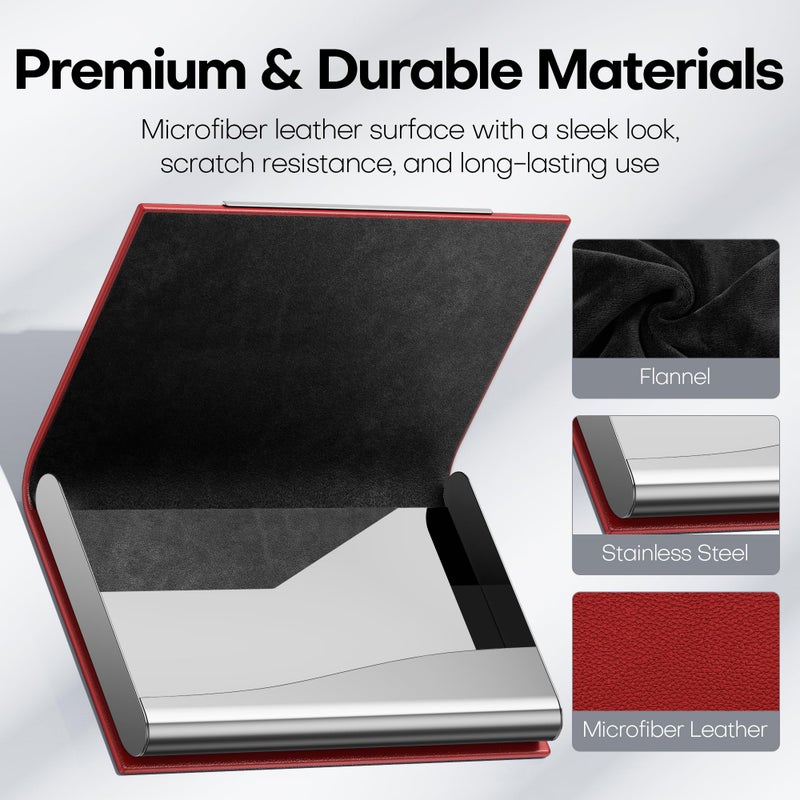 Padike Business Card Holder, Red Faux Leather Wallet with Stainless Steel, RFID Protected - Image 3